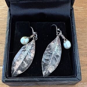 Metal Leaf Earrings with Opal Accents